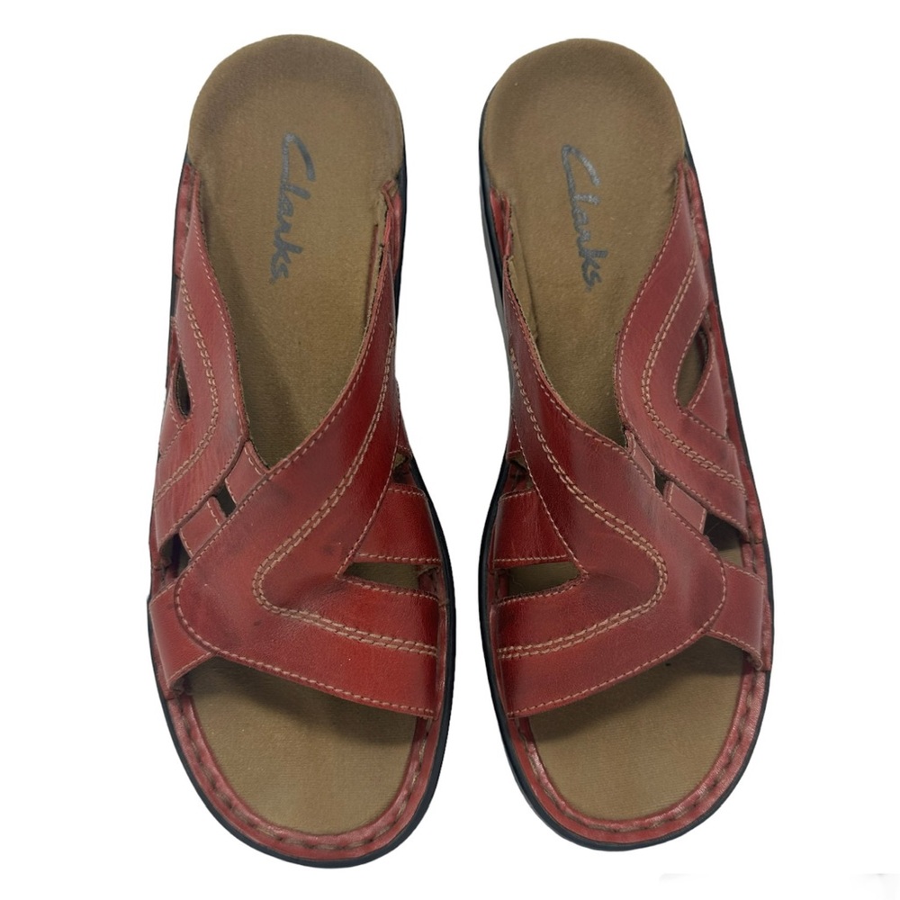 Clarks Womens Red Leather Sandals - Picture 2 of 9